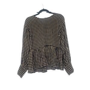 Madewell Black and Cream Plaid Flowy Button Down Back Long Sleeve Top
